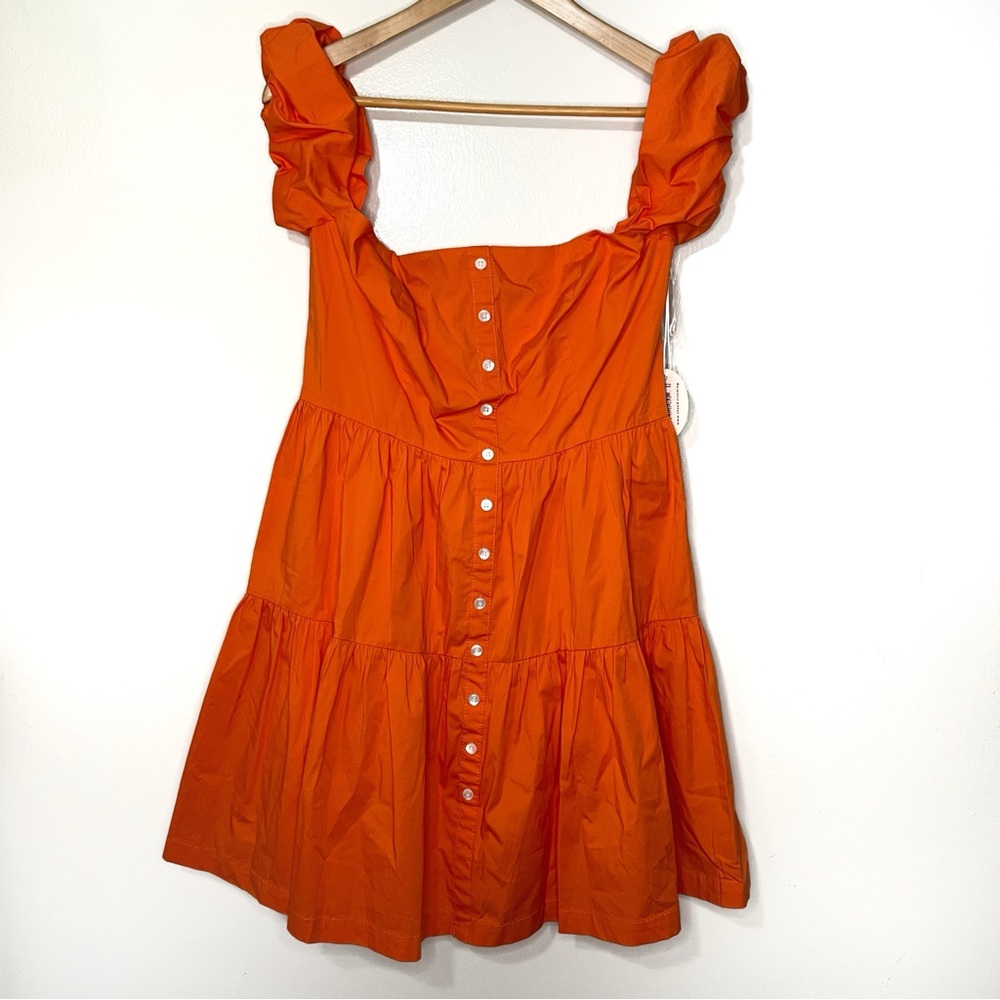STAUD Elio Summer Mini Dress Off Shoulder Button Front Nectarine Orange Sz 12